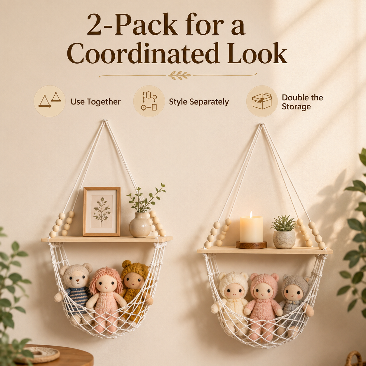 Boho Macrame Wall Shelf & Storage Hammock – 2 Pack