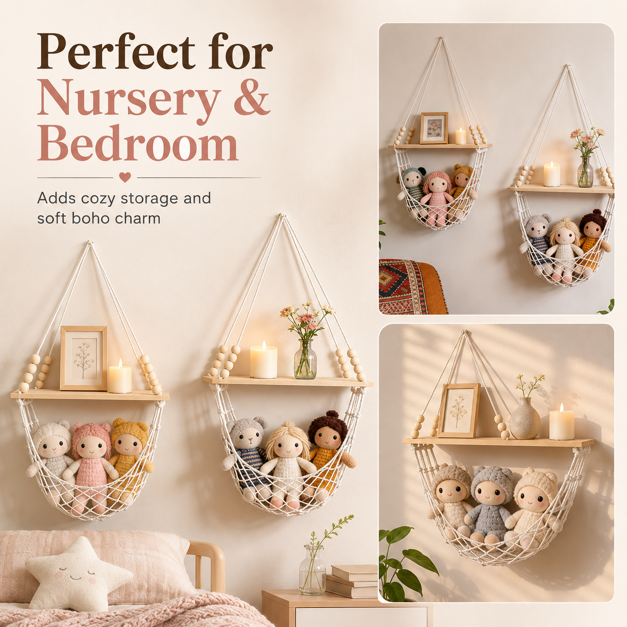 Boho Macrame Wall Shelf & Storage Hammock – 2 Pack