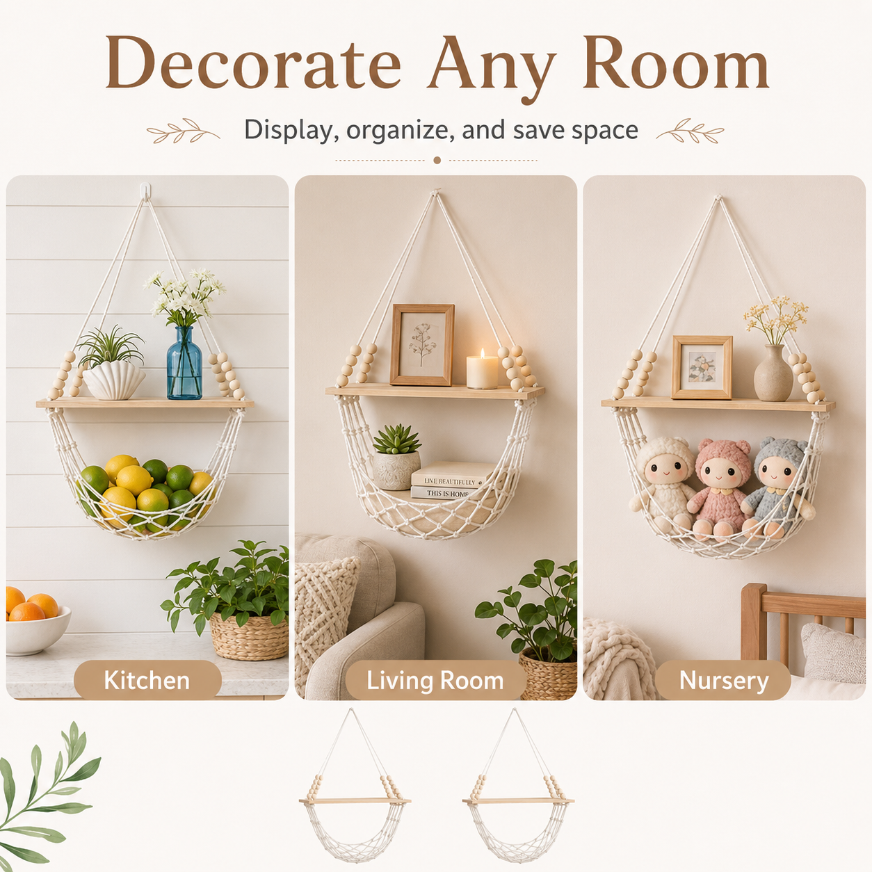 Boho Macrame Wall Shelf & Storage Hammock – 2 Pack