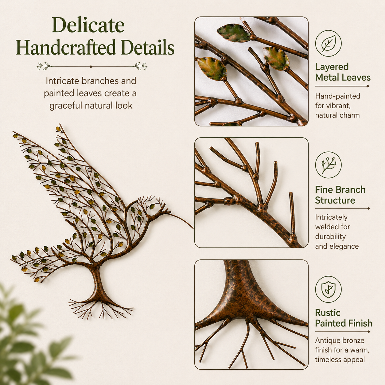 Tree of Life Hummingbird Metal Wall Art – Rustic Carbon Steel Nature Décor