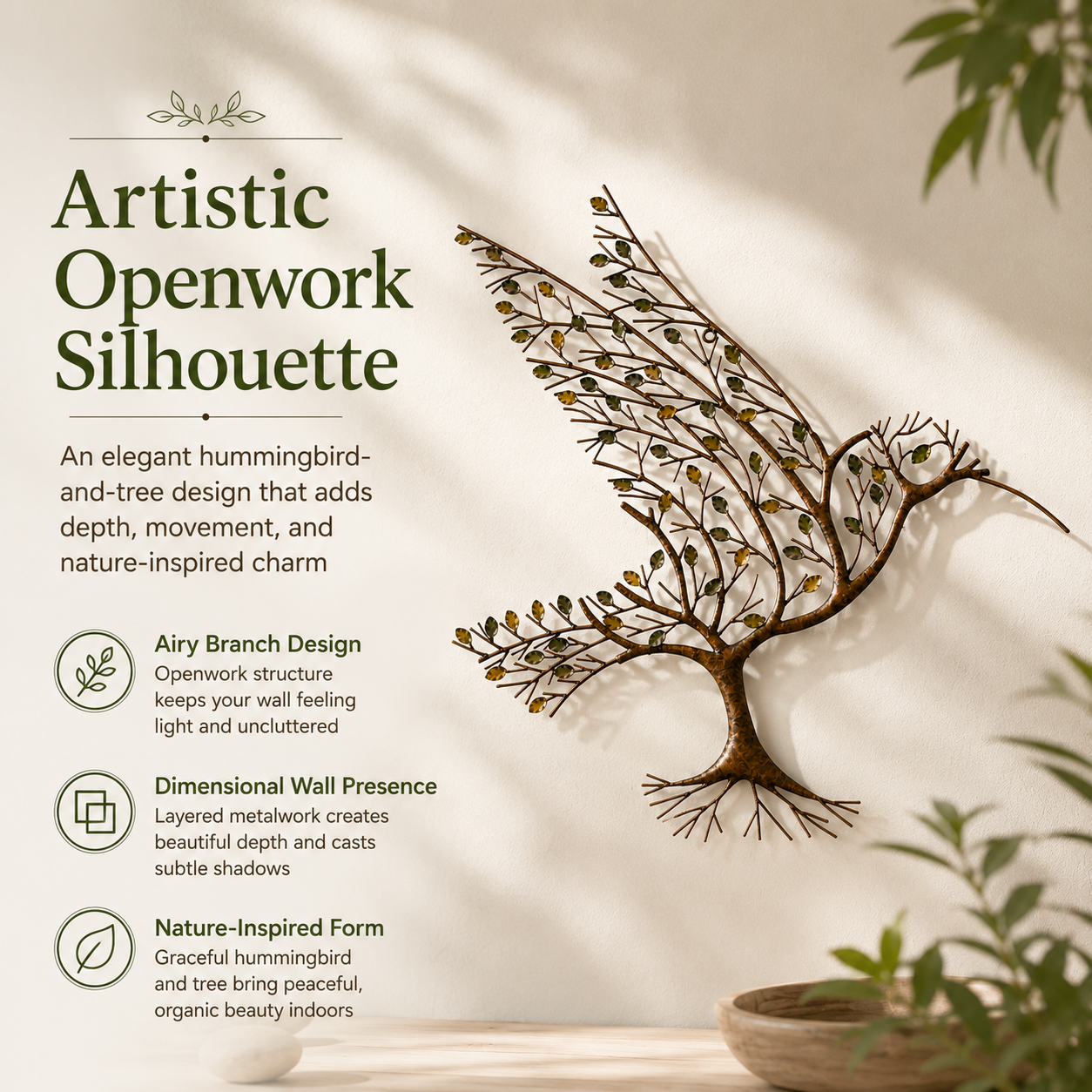 Tree of Life Hummingbird Metal Wall Art – Rustic Carbon Steel Nature Décor