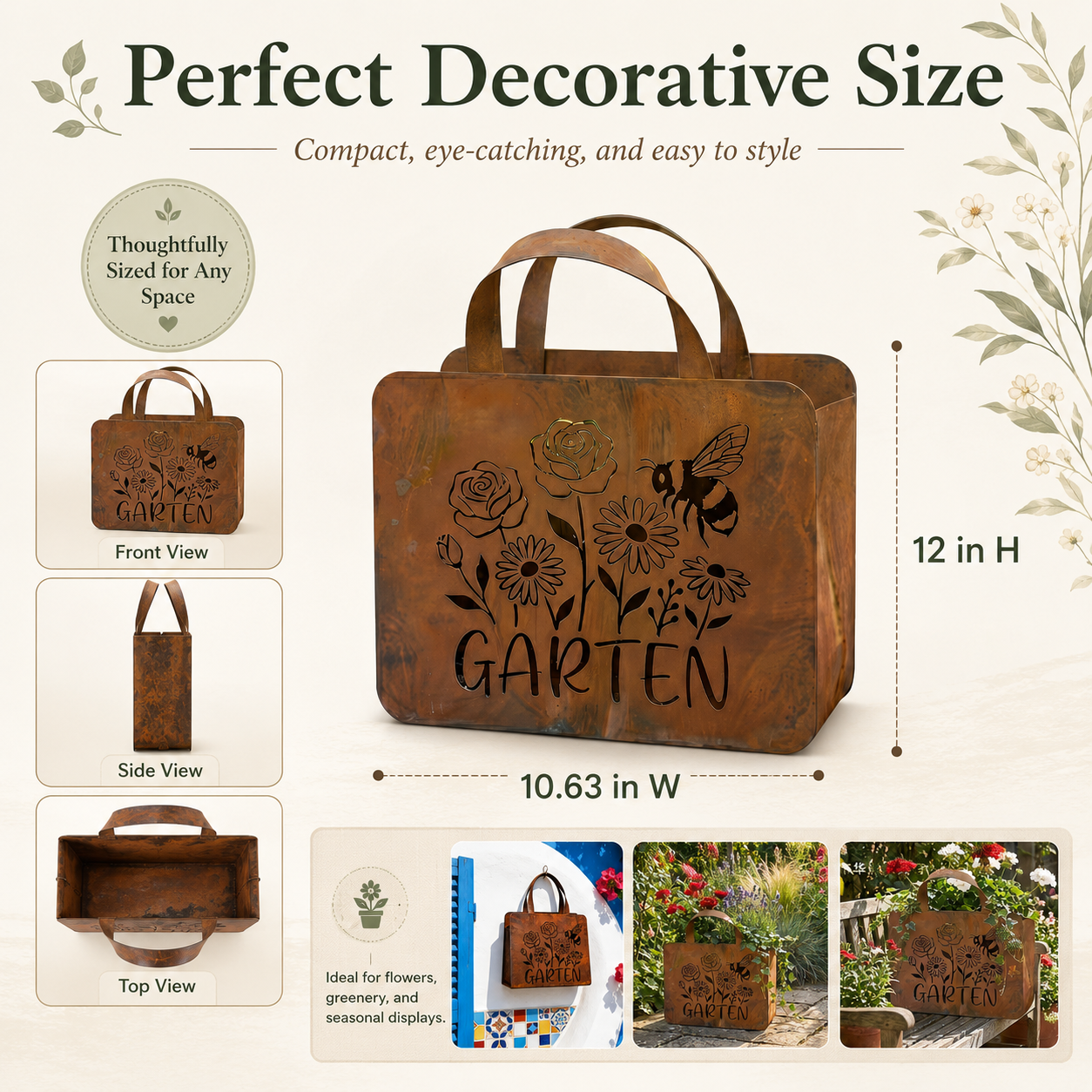 Rustic Garden Tote Wall Planter – Floral Bee Metal Hanging Basket  Product Description