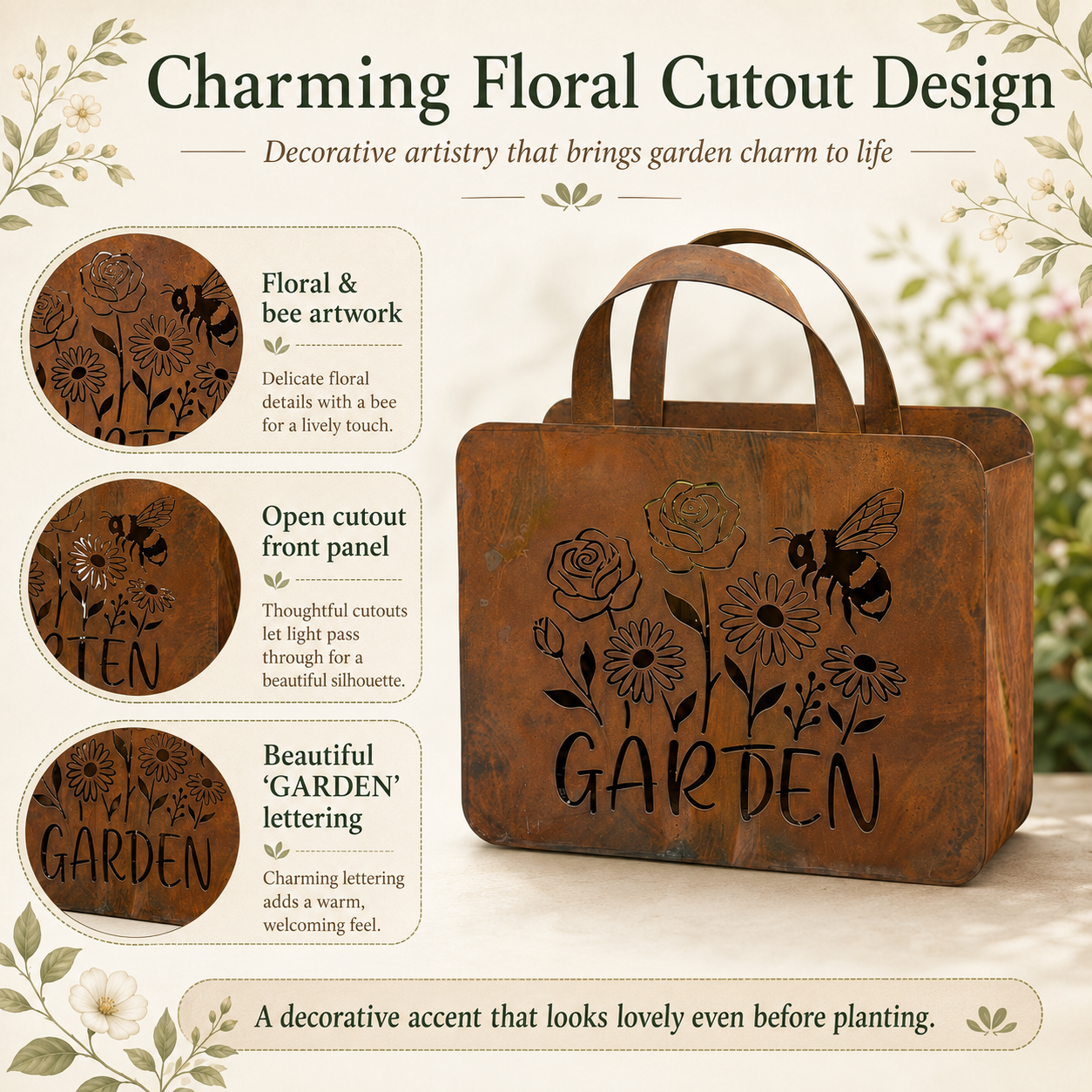 Rustic Garden Tote Wall Planter – Floral Bee Metal Hanging Basket  Product Description
