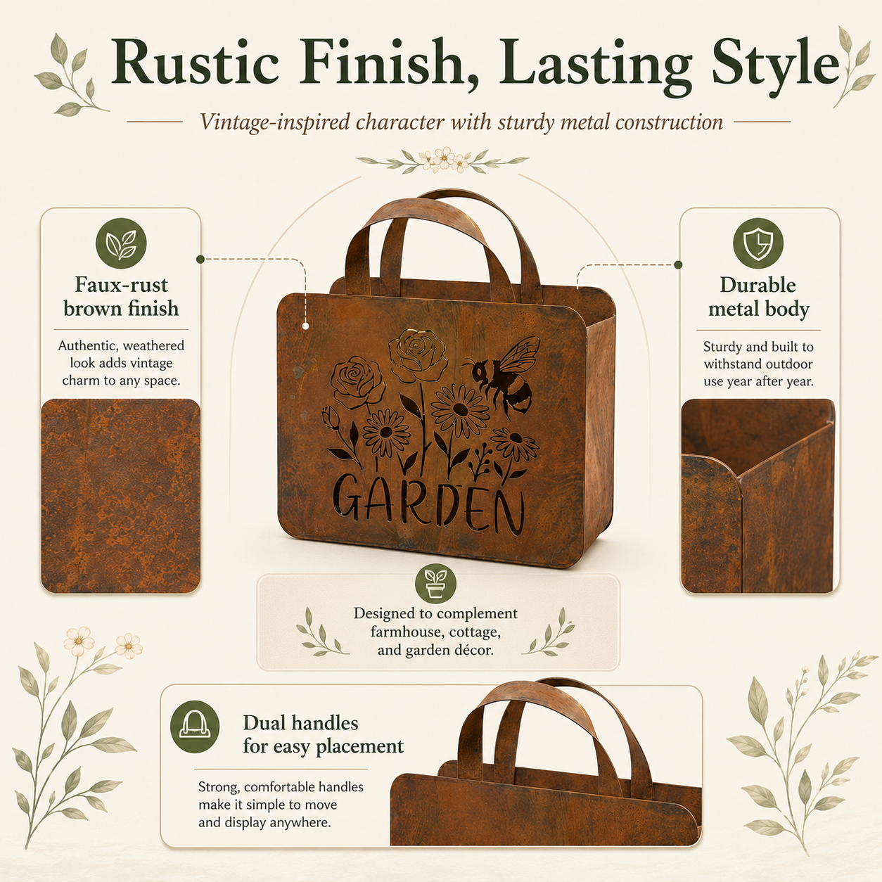 Rustic Garden Tote Wall Planter – Floral Bee Metal Hanging Basket  Product Description