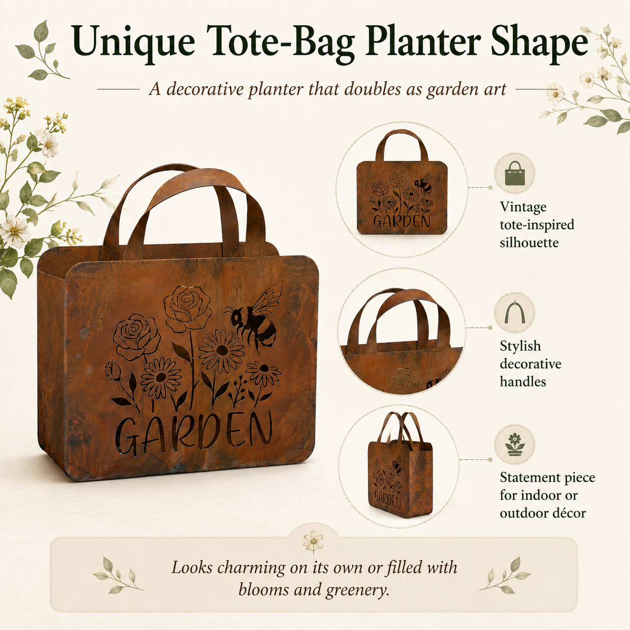 Rustic Garden Tote Wall Planter – Floral Bee Metal Hanging Basket  Product Description