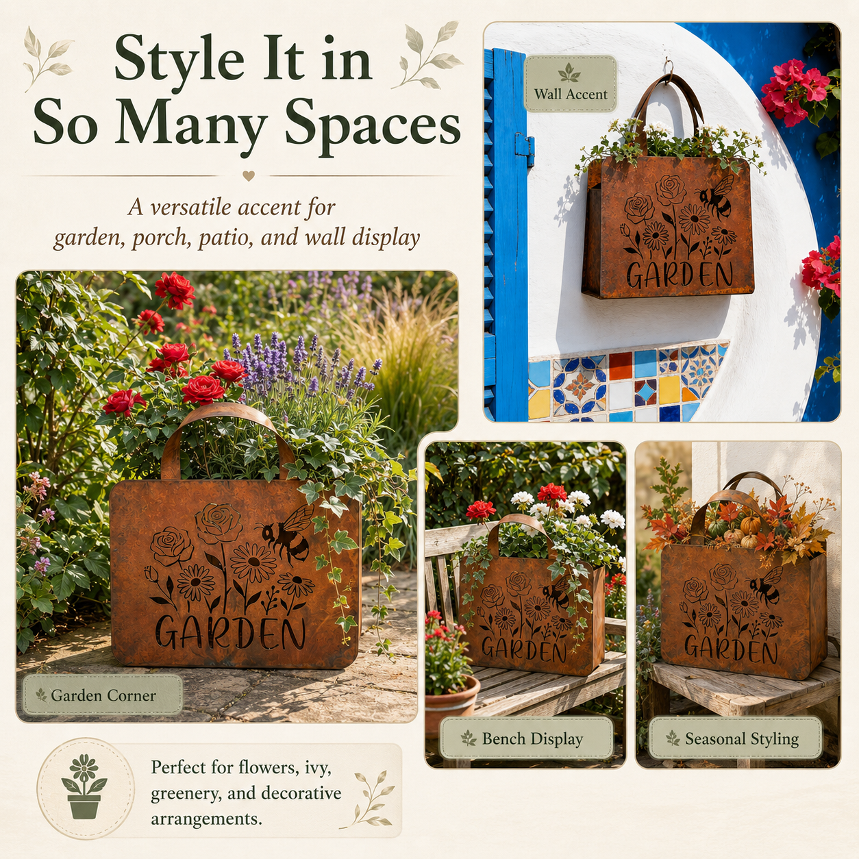 Rustic Garden Tote Wall Planter – Floral Bee Metal Hanging Basket  Product Description