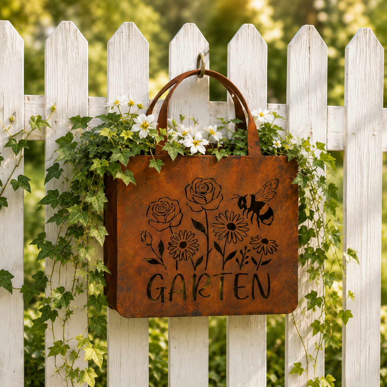 Rustic Garden Tote Wall Planter – Floral Bee Metal Hanging Basket  Product Description