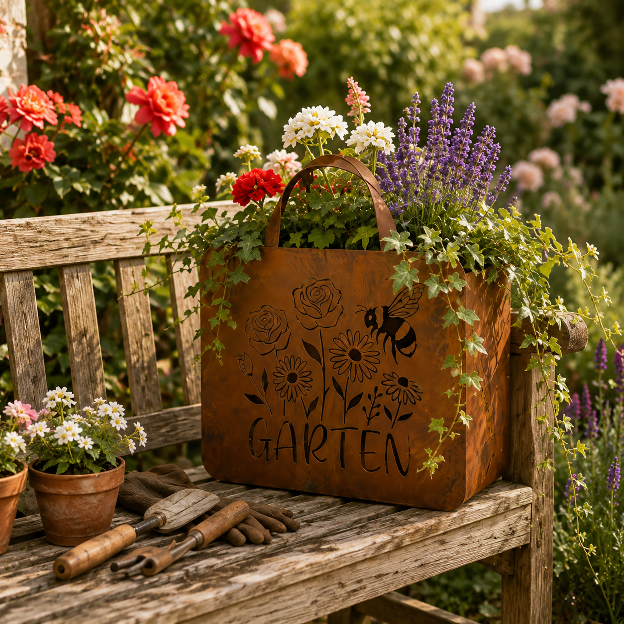 Rustic Garden Tote Wall Planter – Floral Bee Metal Hanging Basket  Product Description