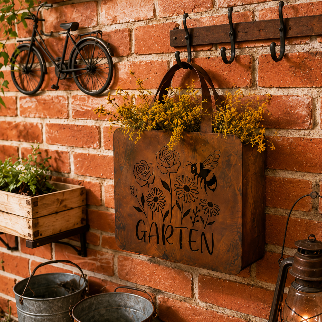 Rustic Garden Tote Wall Planter – Floral Bee Metal Hanging Basket  Product Description