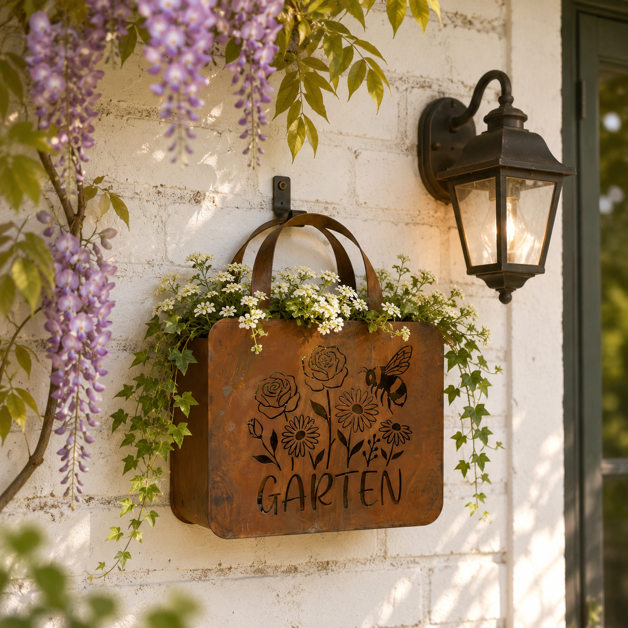 Rustic Garden Tote Wall Planter – Floral Bee Metal Hanging Basket  Product Description