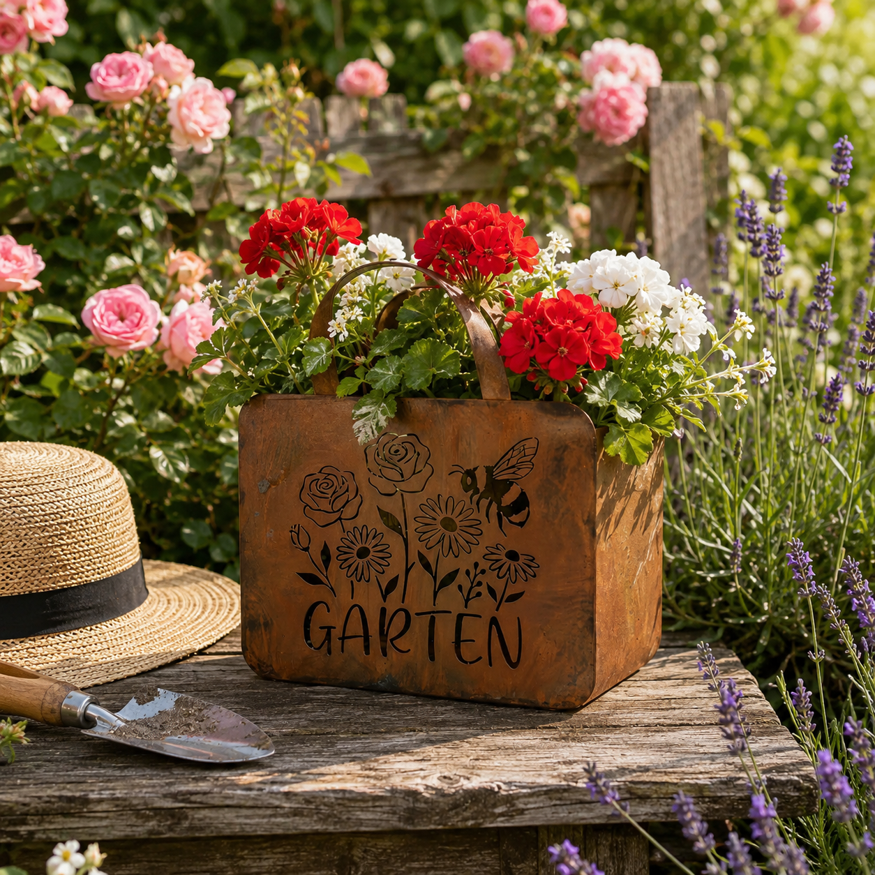 Rustic Garden Tote Wall Planter – Floral Bee Metal Hanging Basket  Product Description