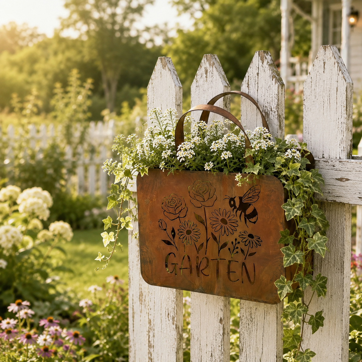 Rustic Garden Tote Wall Planter – Floral Bee Metal Hanging Basket  Product Description