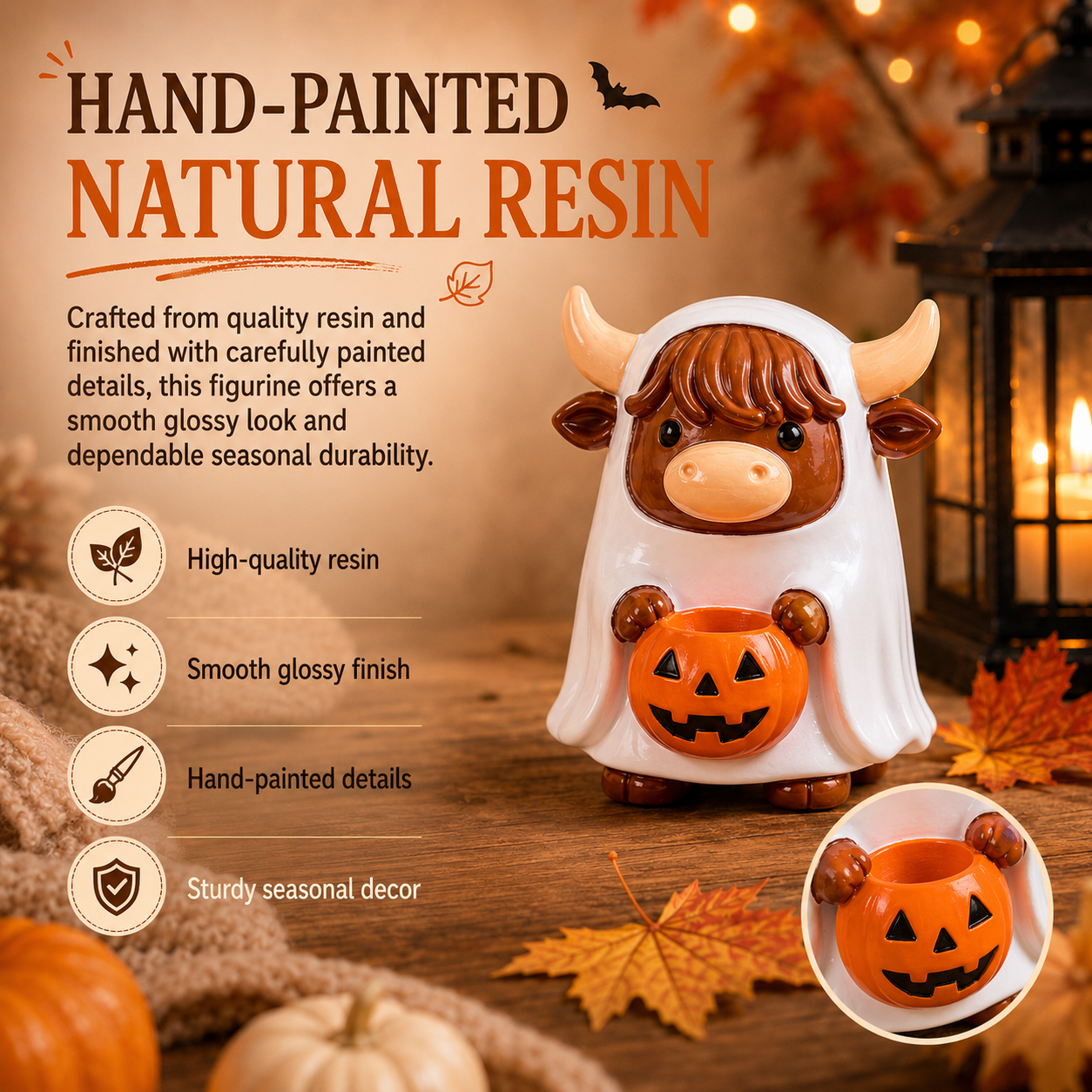 Ghostly Highland Cow Halloween Figurine – Hand-Painted Resin Tabletop Decor