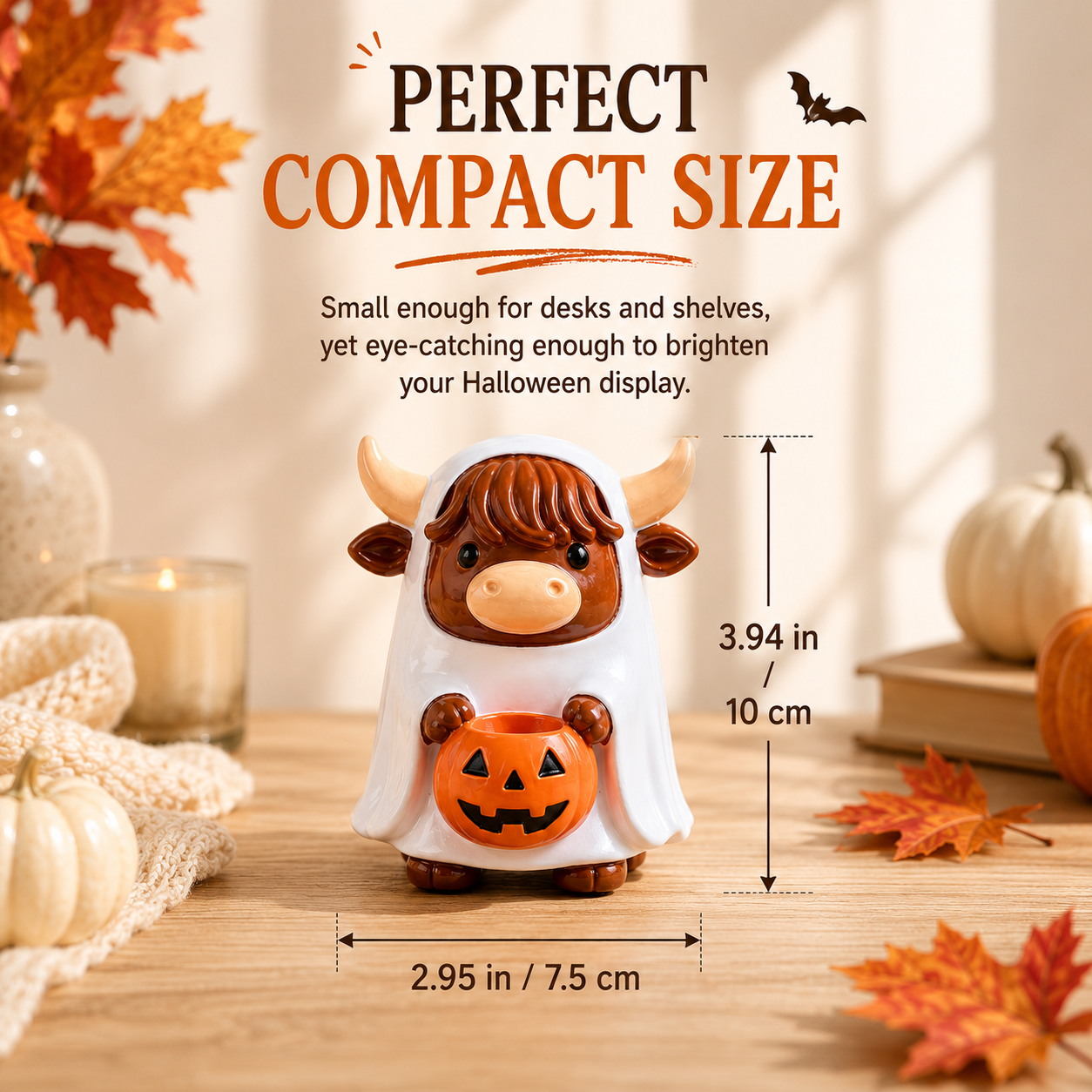 Ghostly Highland Cow Halloween Figurine – Hand-Painted Resin Tabletop Decor