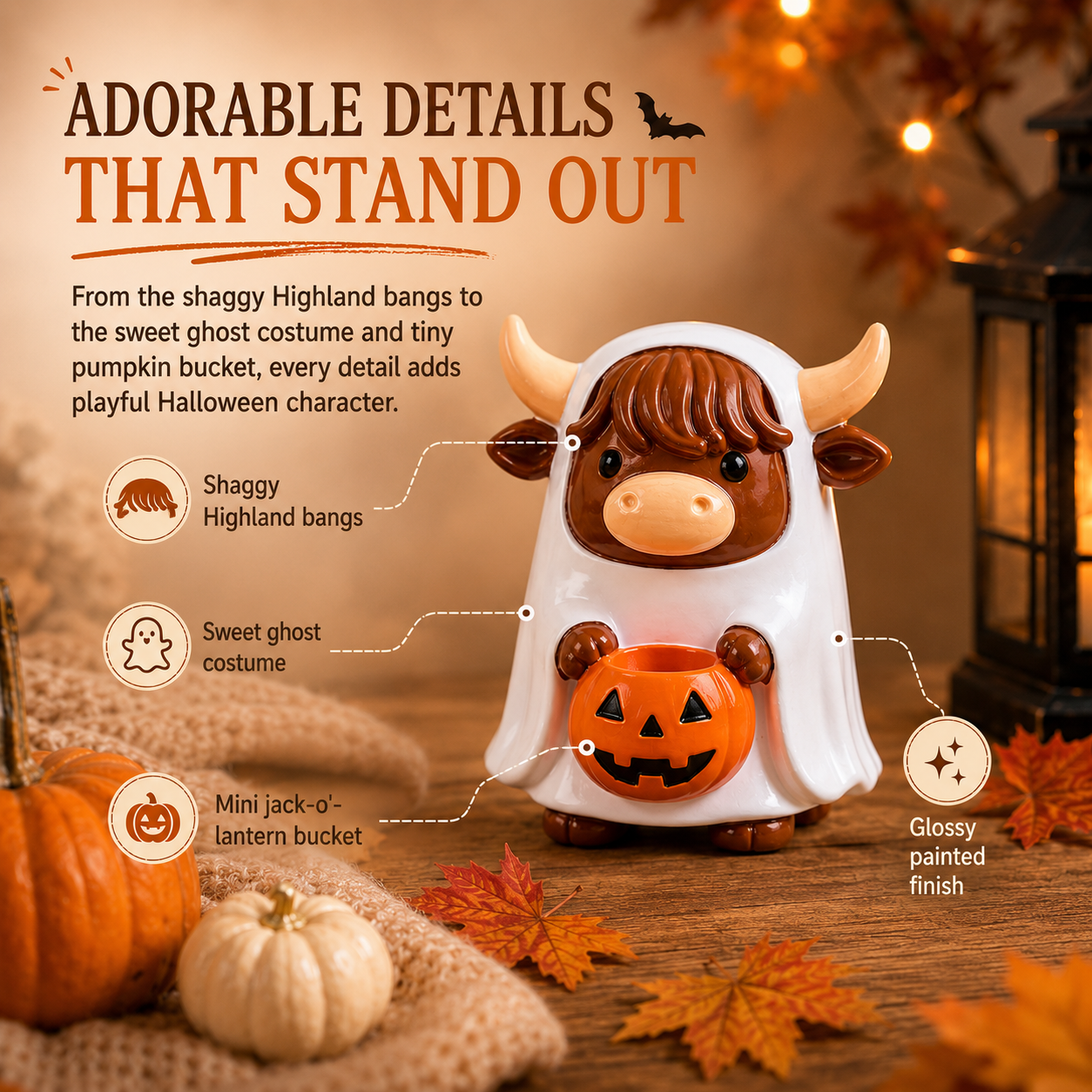 Ghostly Highland Cow Halloween Figurine – Hand-Painted Resin Tabletop Decor