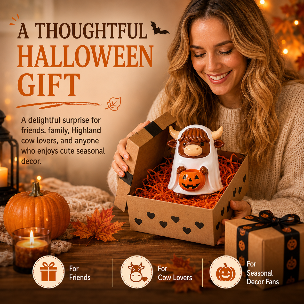 Ghostly Highland Cow Halloween Figurine – Hand-Painted Resin Tabletop Decor