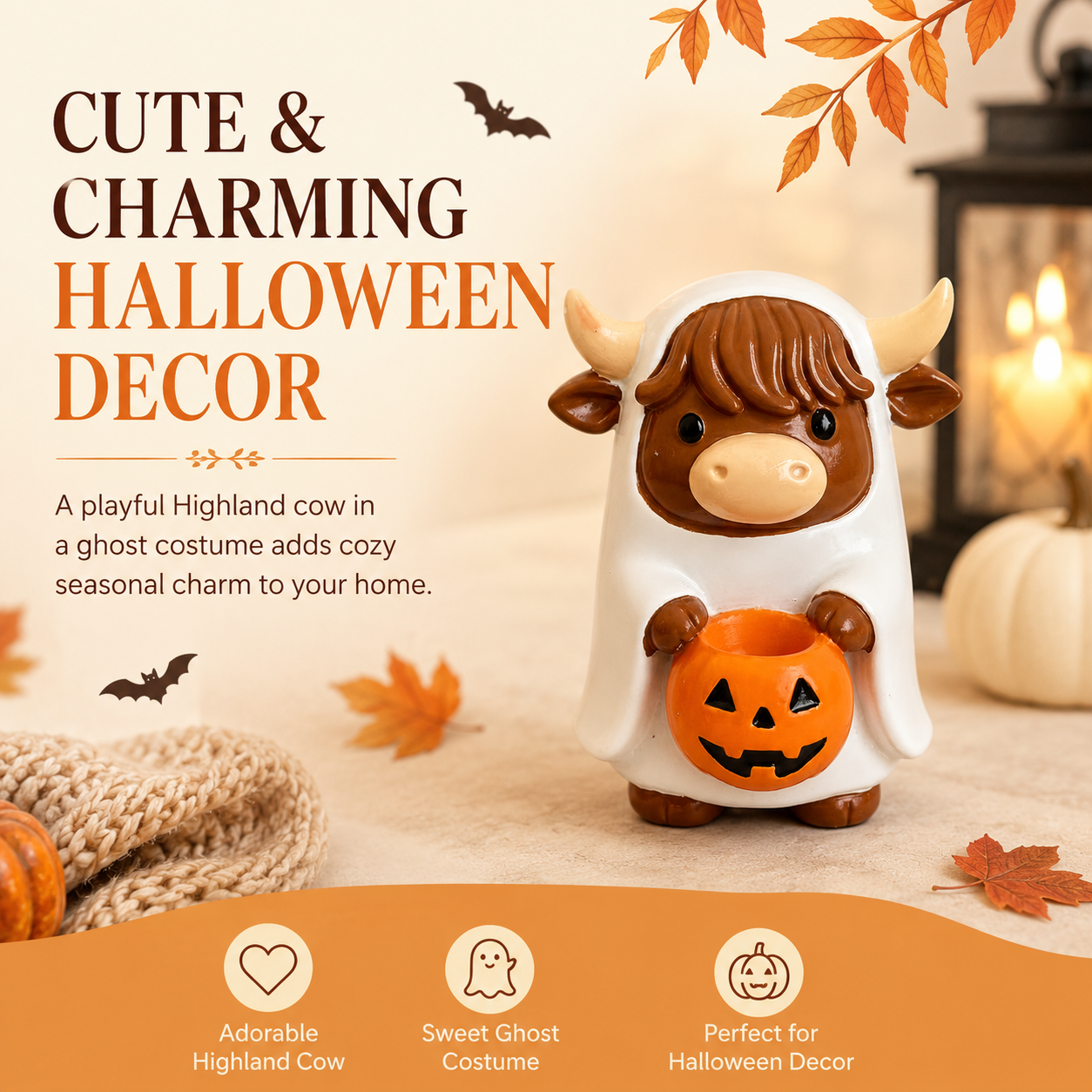 Ghostly Highland Cow Halloween Figurine – Hand-Painted Resin Tabletop Decor