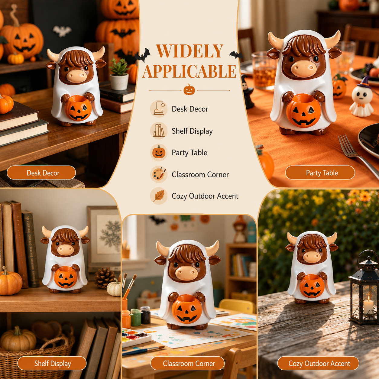Ghostly Highland Cow Halloween Figurine – Hand-Painted Resin Tabletop Decor