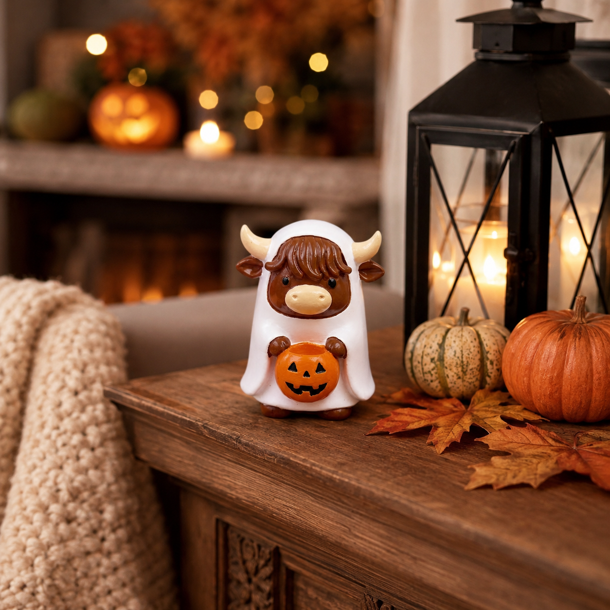 Ghostly Highland Cow Halloween Figurine – Hand-Painted Resin Tabletop Decor