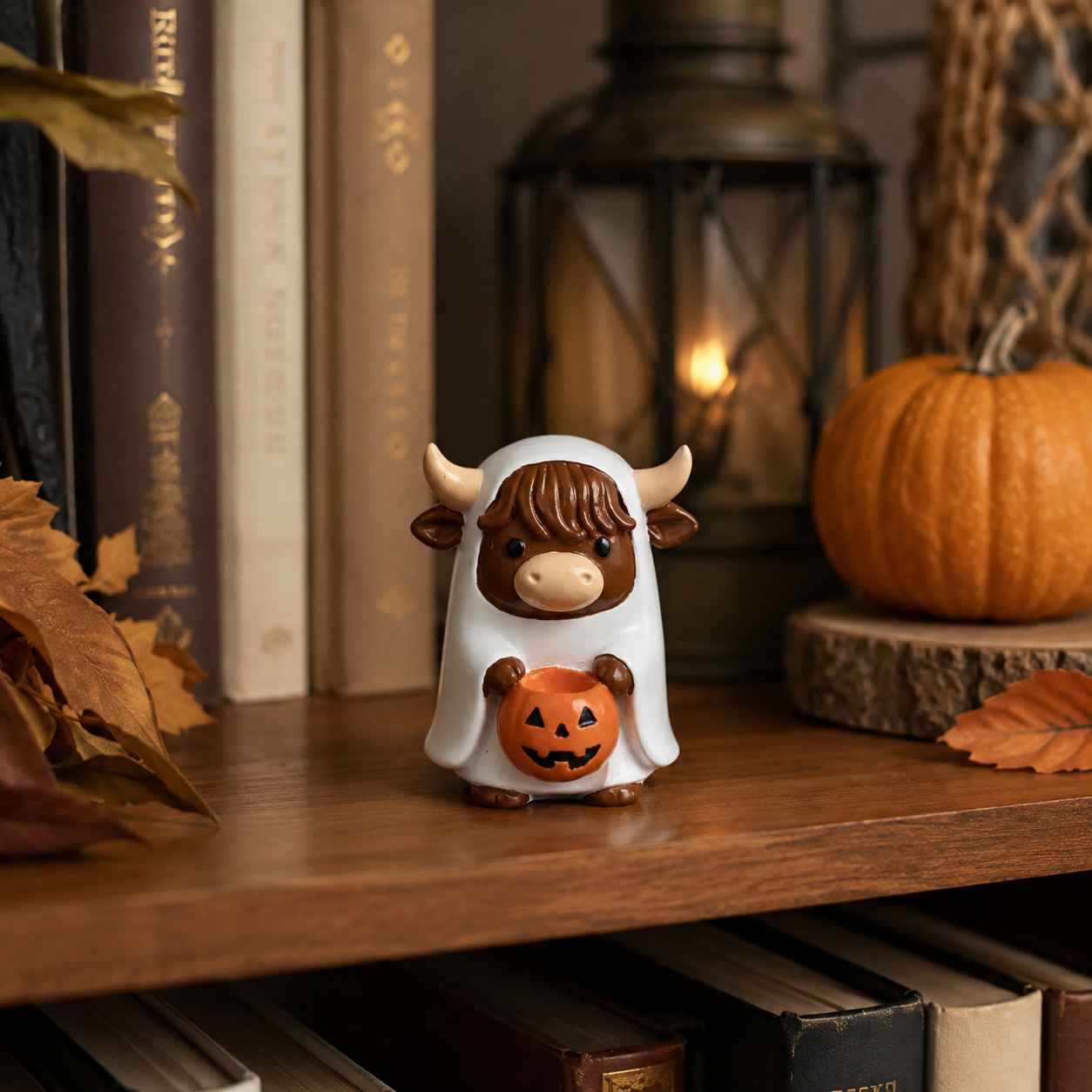 Ghostly Highland Cow Halloween Figurine – Hand-Painted Resin Tabletop Decor