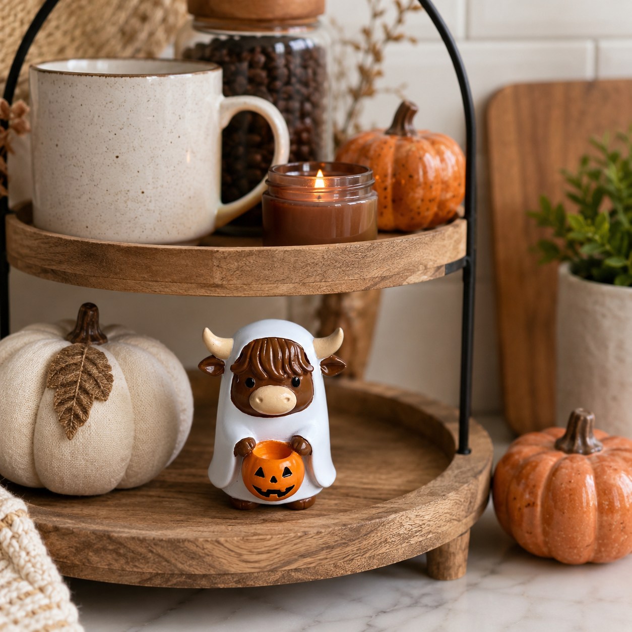 Ghostly Highland Cow Halloween Figurine – Hand-Painted Resin Tabletop Decor