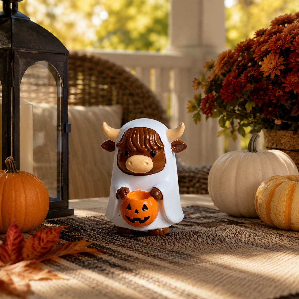 Ghostly Highland Cow Halloween Figurine – Hand-Painted Resin Tabletop Decor