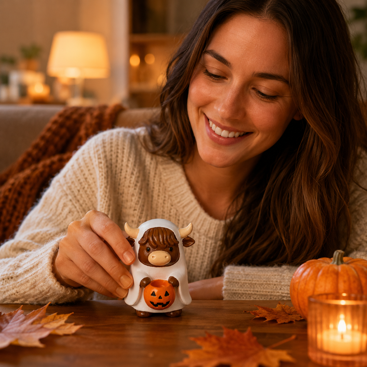 Ghostly Highland Cow Halloween Figurine – Hand-Painted Resin Tabletop Decor