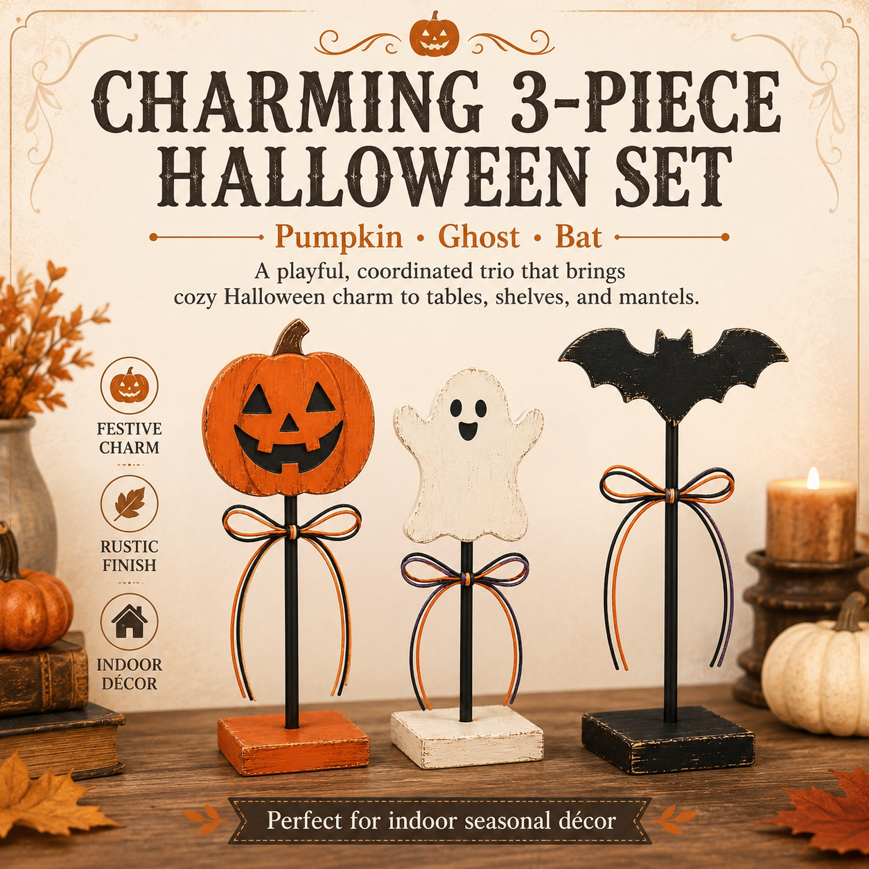 Rustic Halloween Tabletop Decorations – Set of 3 Pumpkin, Ghost & Bat Standing Signs🎃