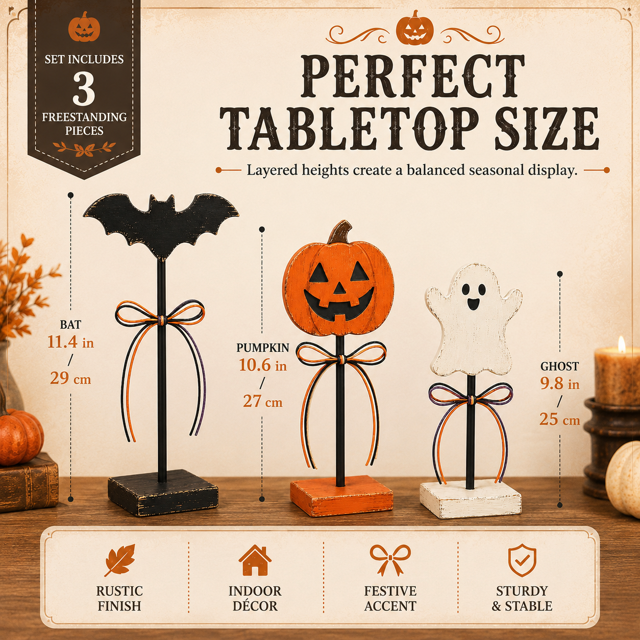 Rustic Halloween Tabletop Decorations – Set of 3 Pumpkin, Ghost & Bat Standing Signs🎃