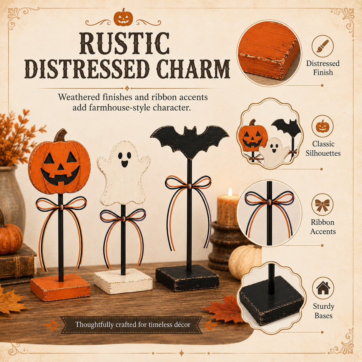 Rustic Halloween Tabletop Decorations – Set of 3 Pumpkin, Ghost & Bat Standing Signs🎃