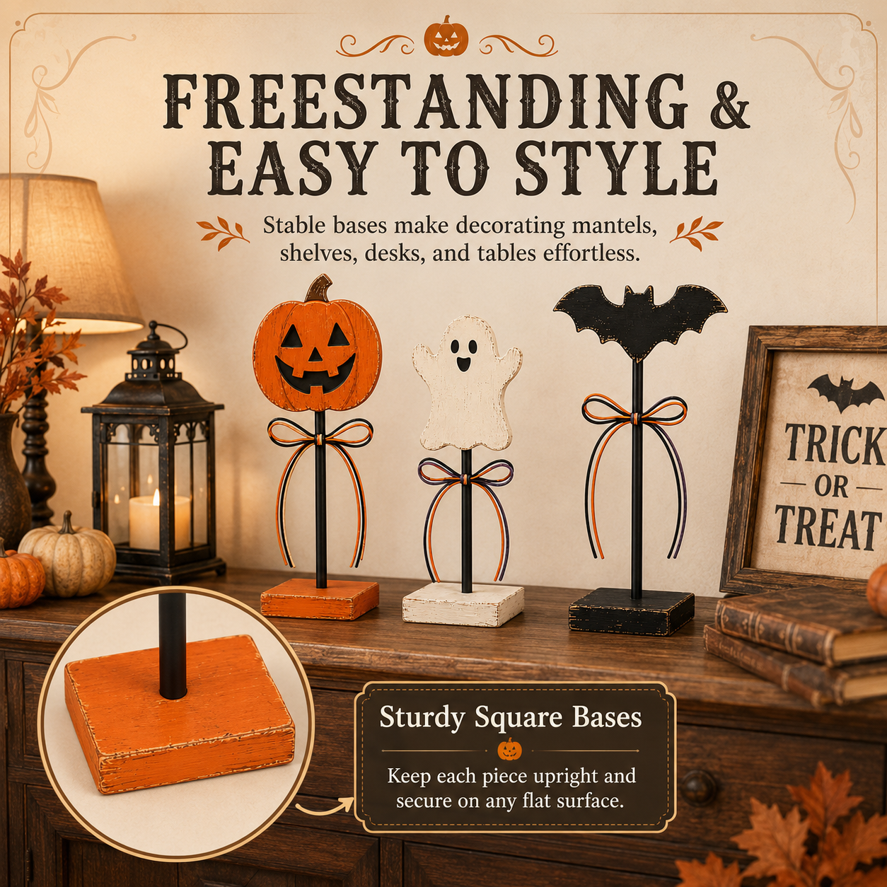 Rustic Halloween Tabletop Decorations – Set of 3 Pumpkin, Ghost & Bat Standing Signs🎃