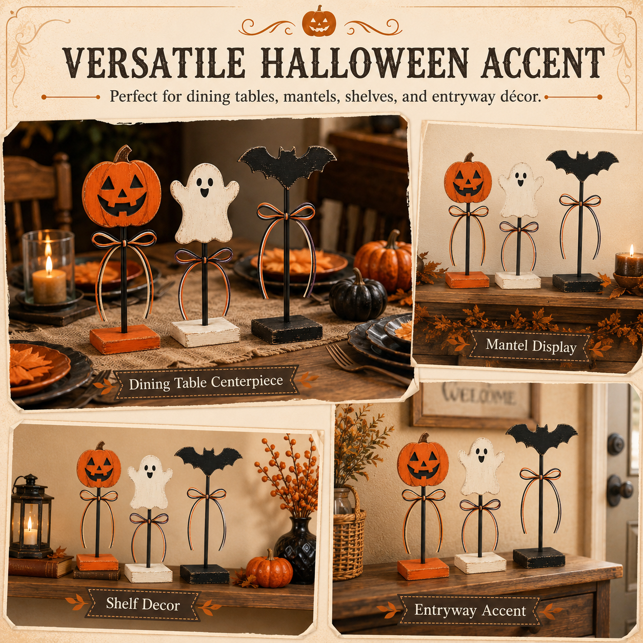 Rustic Halloween Tabletop Decorations – Set of 3 Pumpkin, Ghost & Bat Standing Signs🎃