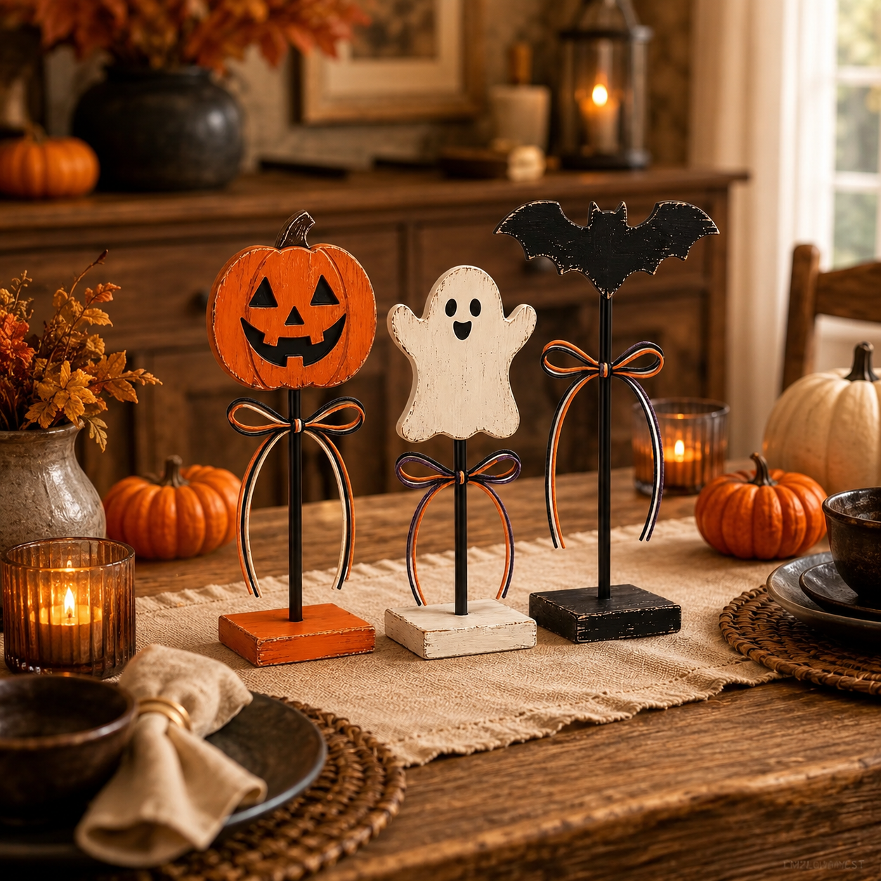 Rustic Halloween Tabletop Decorations – Set of 3 Pumpkin, Ghost & Bat Standing Signs🎃