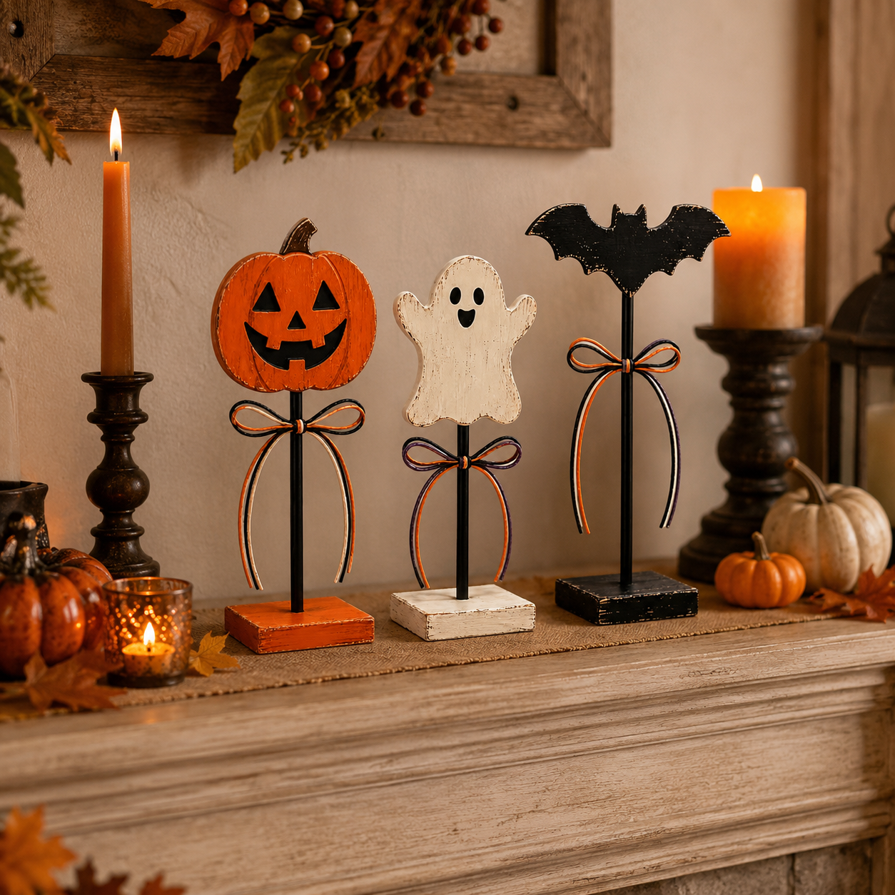 Rustic Halloween Tabletop Decorations – Set of 3 Pumpkin, Ghost & Bat Standing Signs🎃