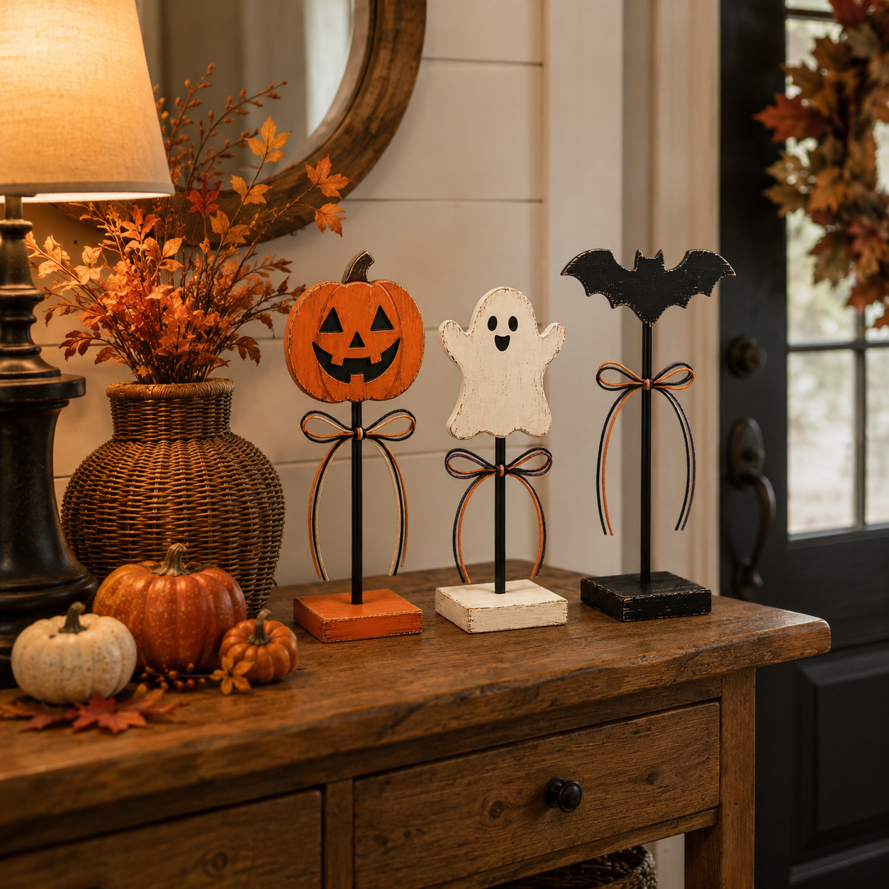 Rustic Halloween Tabletop Decorations – Set of 3 Pumpkin, Ghost & Bat Standing Signs🎃