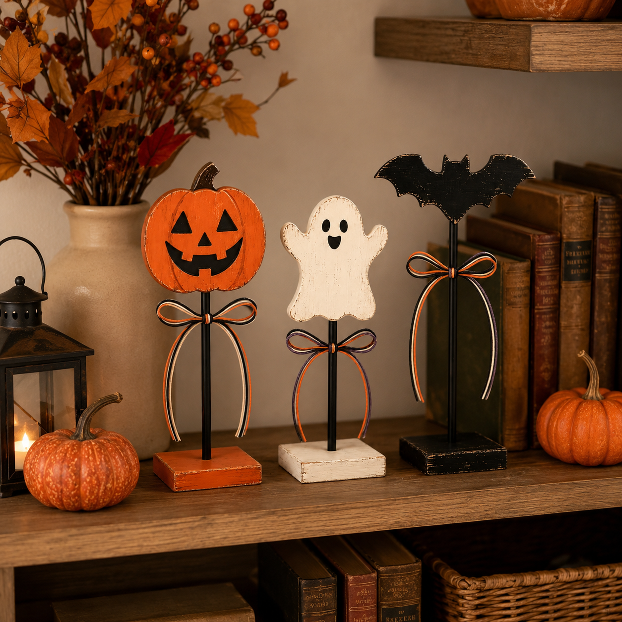 Rustic Halloween Tabletop Decorations – Set of 3 Pumpkin, Ghost & Bat Standing Signs🎃