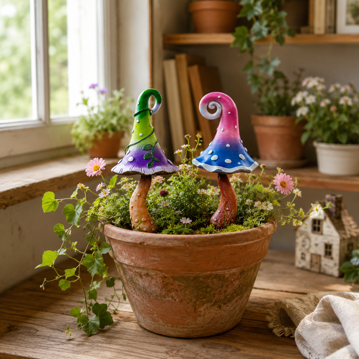 Whimsical Mushroom Garden Stakes – 2-Piece Colorful Metal Yard Decor Set