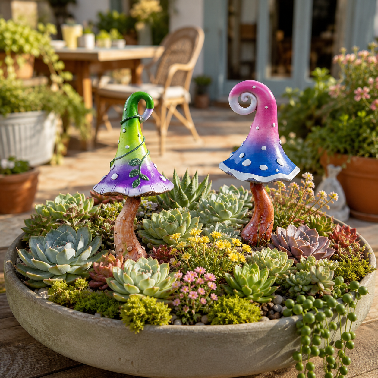 Whimsical Mushroom Garden Stakes – 2-Piece Colorful Metal Yard Decor Set