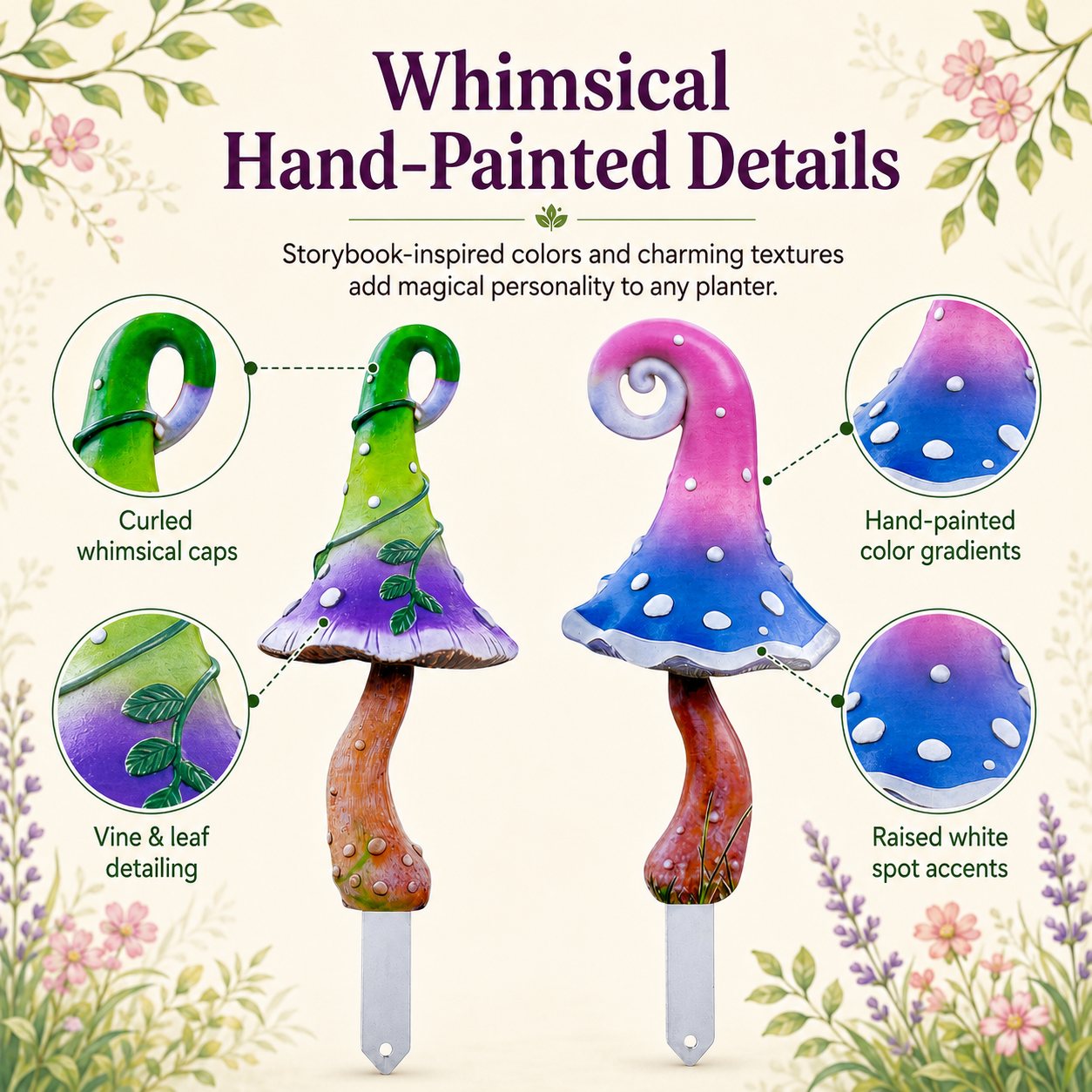 Whimsical Mushroom Garden Stakes – 2-Piece Colorful Metal Yard Decor Set