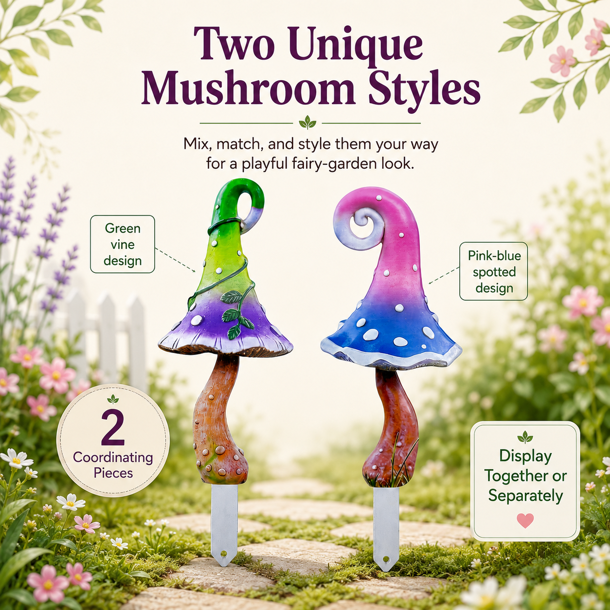 Whimsical Mushroom Garden Stakes – 2-Piece Colorful Metal Yard Decor Set