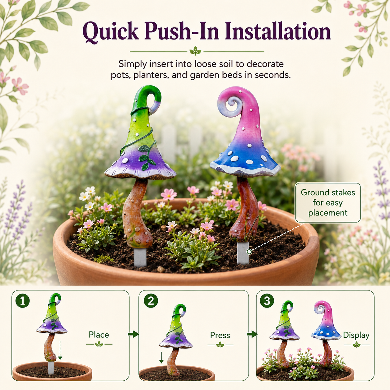 Whimsical Mushroom Garden Stakes – 2-Piece Colorful Metal Yard Decor Set