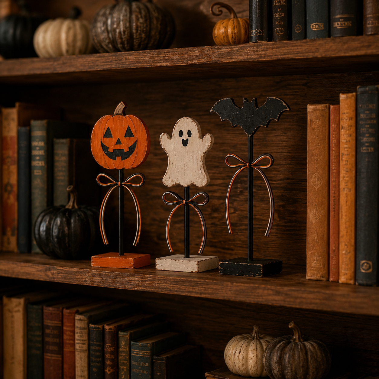 Rustic Halloween Tabletop Decorations – Set of 3 Pumpkin, Ghost & Bat Standing Signs🎃