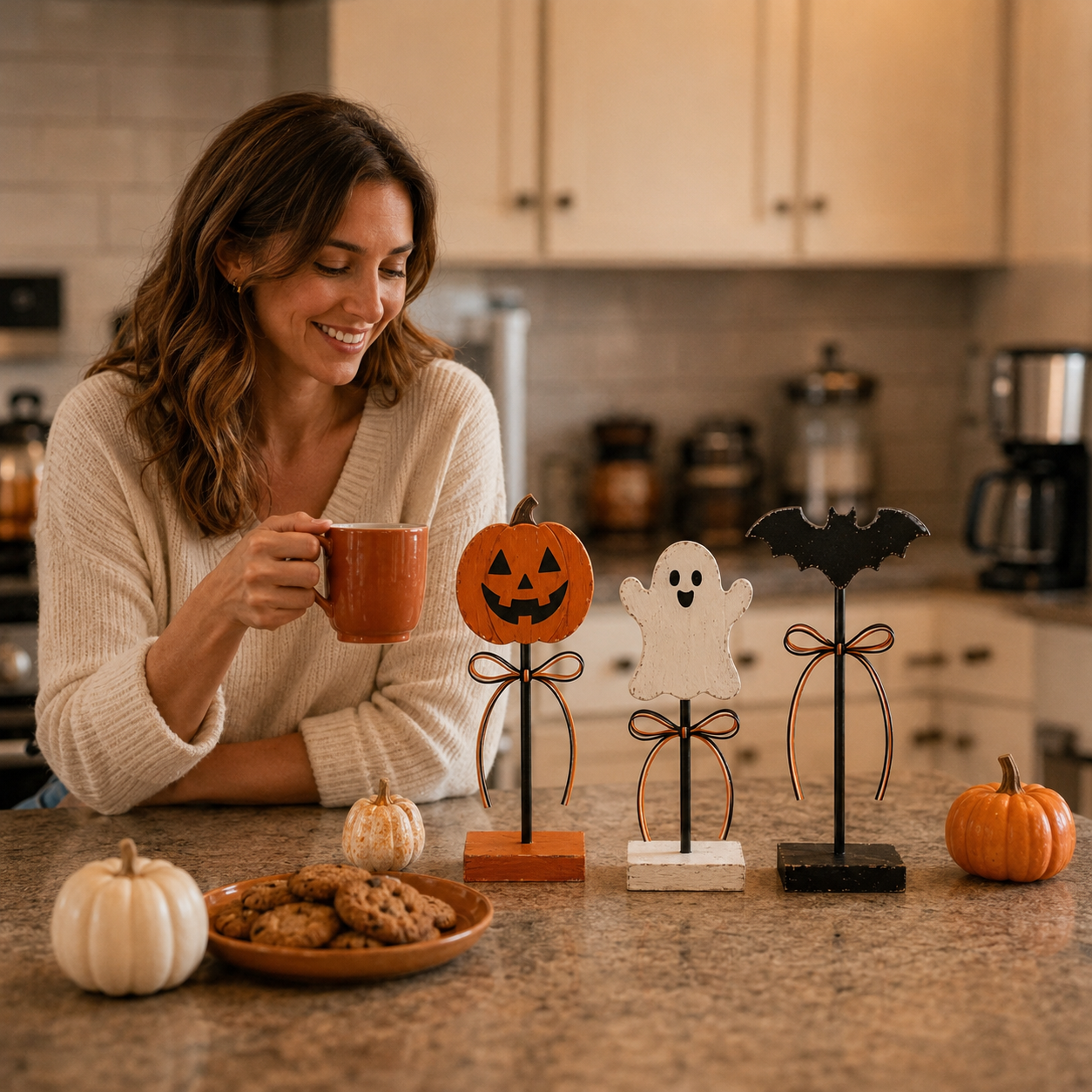 Rustic Halloween Tabletop Decorations – Set of 3 Pumpkin, Ghost & Bat Standing Signs🎃