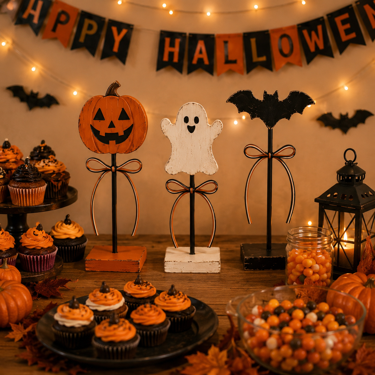 Rustic Halloween Tabletop Decorations – Set of 3 Pumpkin, Ghost & Bat Standing Signs🎃