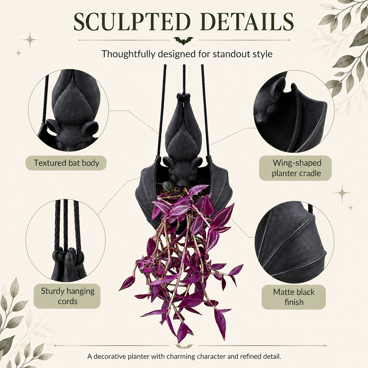 Hanging Bat Planter – Gothic Resin Flower Pot with Hanging Cords 🦇