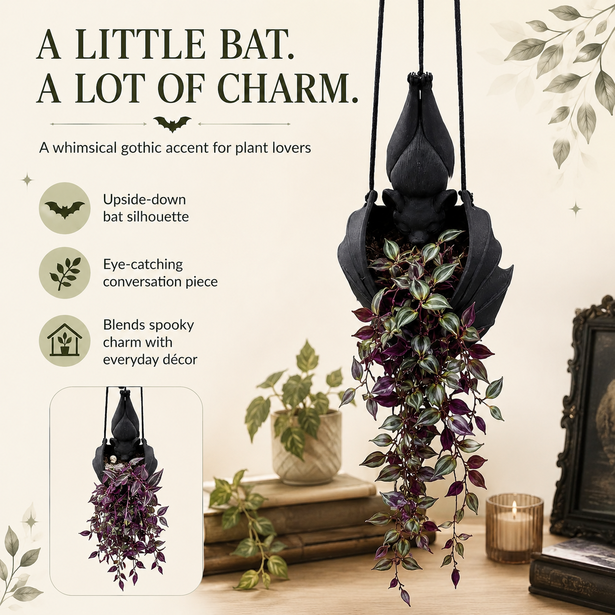 Hanging Bat Planter – Gothic Resin Flower Pot with Hanging Cords 🦇