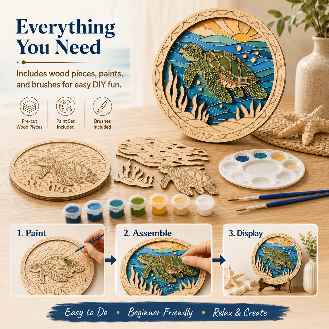 DIY Wooden Sea Turtle Painting Kit – Layered Coastal Wall & Tabletop Decor 🐢🌊