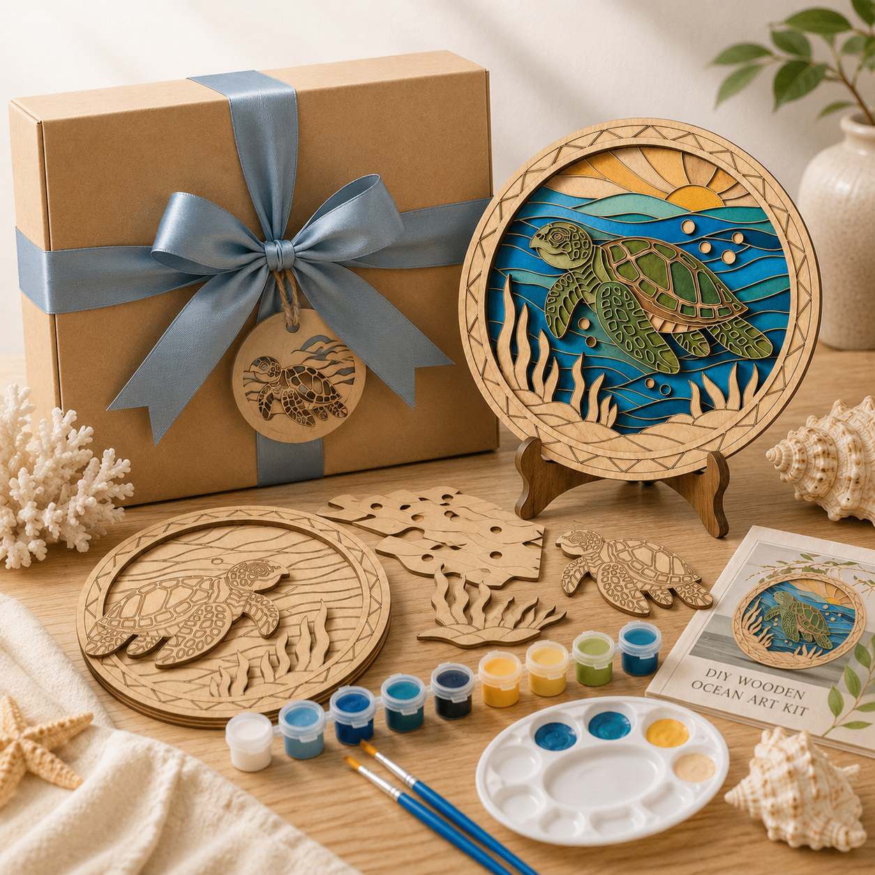 DIY Wooden Sea Turtle Painting Kit – Layered Coastal Wall & Tabletop Decor 🐢🌊