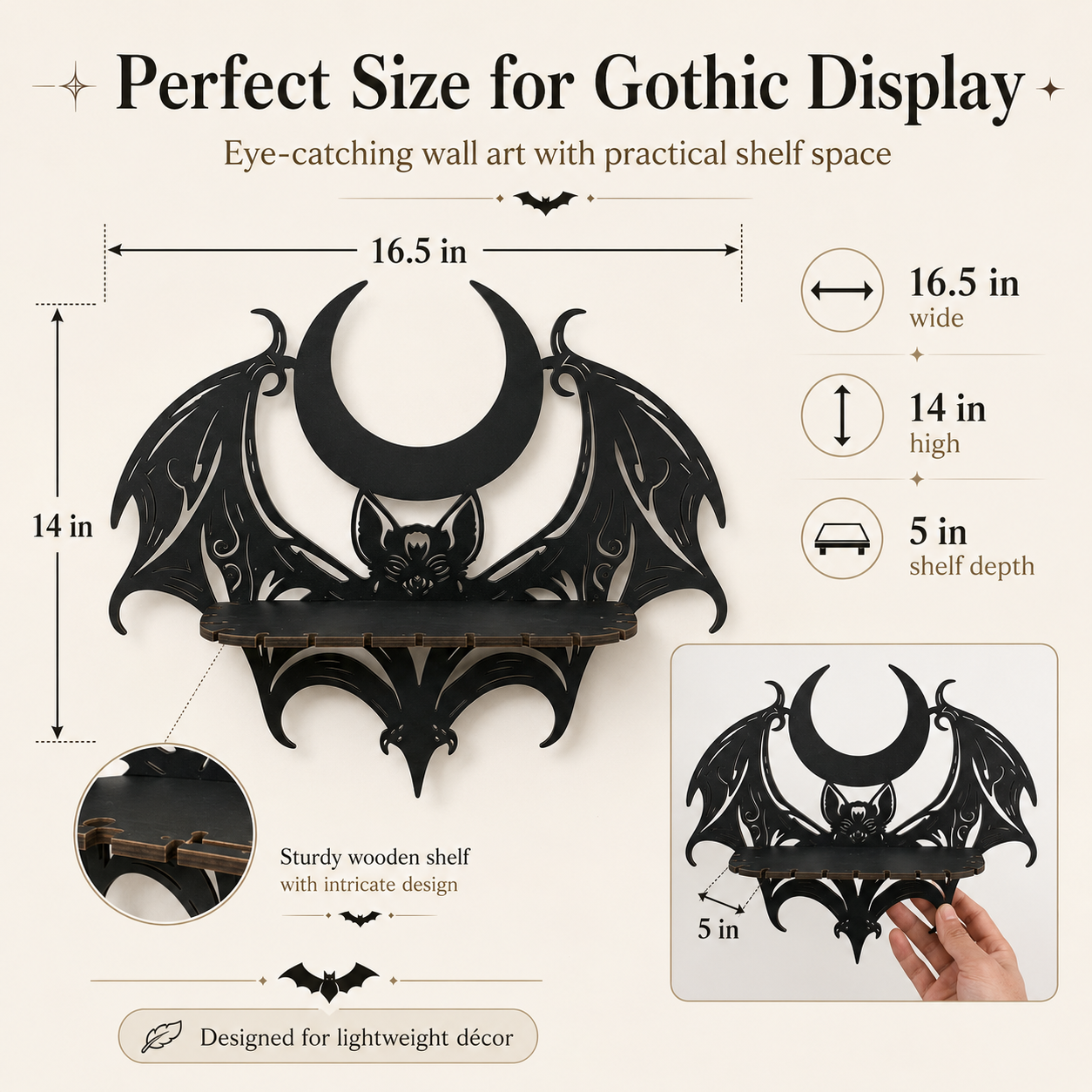 🦇 Midnight Crescent Bat Wall Shelf – Gothic Moon Wooden Display Shelf