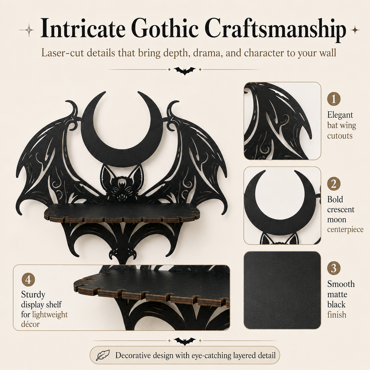 🦇 Midnight Crescent Bat Wall Shelf – Gothic Moon Wooden Display Shelf